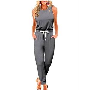 Kirundo Women's Jumpsuit cutout Sleevless crew neckline drawstring waist Gray sm